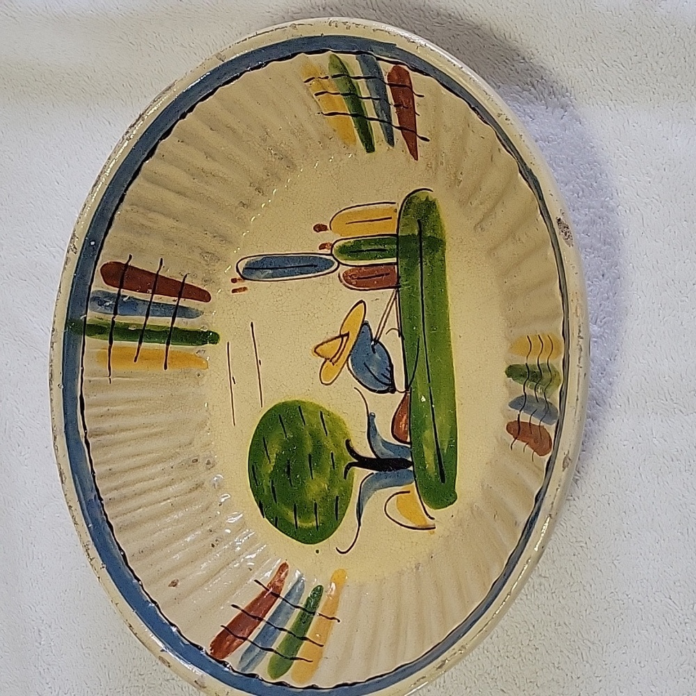 Vintage Handmade Mexican Pottery. 10" by 9" Oval 3" Dish. Used But Beautiful.